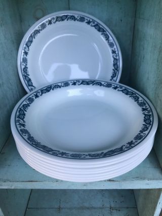 Set Of 8 Corelle Corning Ware Flat Rimmed Soup Bowl Old Town Blue 8 1/2 " Htf