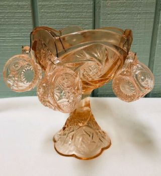 Vintage Pink Tiara Or Mosser Miniature Child’s Punch Bowl Set With 6 Cups.