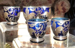 Vintage Venetian Shot Cordial Glasses Cobalt Blue Silver Overlay - Set Of 5
