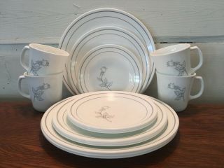 16 Piece Vintage Corelle Solitary Gray Rose Pattern Dinnerware Set Service For 4
