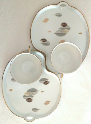 2 Vintage Noritake Hollis 5456 Snack Plates & Cups Brown/gray Leaves,  Gold Trim