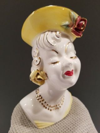 Vintage Glamorous Lady Head Vase Made In Japan Yellow Dress And Hat 6.  5 "