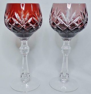 Pair Set 2 Czech Bohemian Multi Color Cut To Clear Crystal Tall Wine Hock Glass