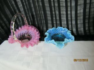 Set Of 2 Vintage Fenton Hobnail Opalescent Pink Basket W/ Lable Blue Bonbon