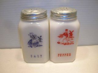 Vintage Hazel Atlas Red & Blue Dutch Boy & Girl Range Salt & Pepper Shakers