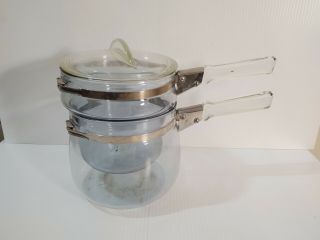Vintage Pyrex Glass Flameware 6763 Double Boiler Set With Lid - 3 Piece