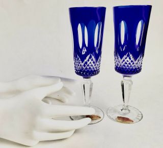 2 Vintage German Bohemian Cobalt Blue Cut To Clear Crystal Flutes • 7 - 3/4” Nwt