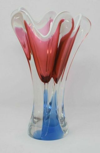 Murano Style Handkerchief Vase Red White And Clear Glass