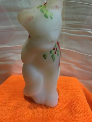 Fenton Art Glass White Cat Kitty Hand Painted Holly Scarf Christmas Signed