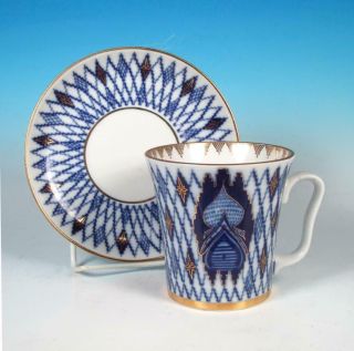 Lomonosov Imperial Porcelain Cobalt Blue Russian Orthodox Onion Dome Mug Saucer