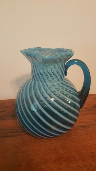 Vintage Fenton Opalescent Blue White Swirl Glass Pitcher Ruffle Rim Spiral Optic