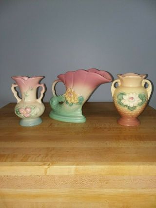 Hull Art Pottery.  Three Items.  L7 6 1/2 - L1 5 1/2 - W1 5 1/2.  One Price.