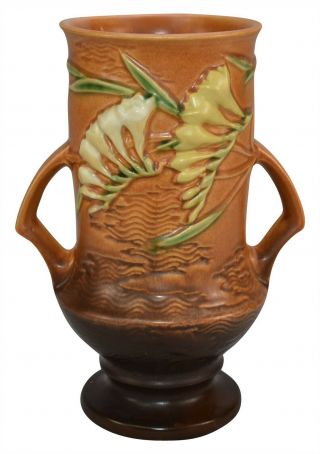 Vintage Roseville Pottery Freesia Brown Ceramic Vase 123 - 9