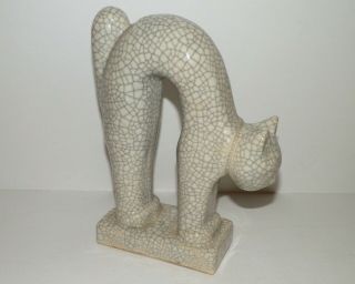 Ceramic Cat White/gray Art Deco Crackle Glaze Figurine 8 " 1950 