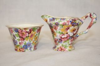 2pc Vintage James Kent Fenton Dubarry Floral Chintz Creamer & Sugar Bowl Set
