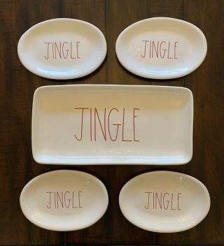 Rae Dunn Jingle Platter & 4 Oval Serving Plates - White Ceramic Red Christmas