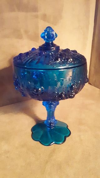 Vintage Blue Green Fenton Cabbage Rose Pedestal Candy Dish With Lid
