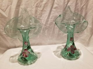 Vintage Fenton Art Glass Mist Green Hand Painted/signed Jack In The Pulpit Vases