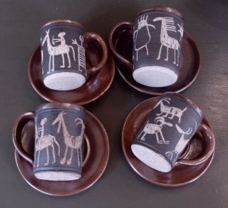 Vintage Studio Pottery 4 Cups & Saucers Southwestern Petroglyph Anasazi Design