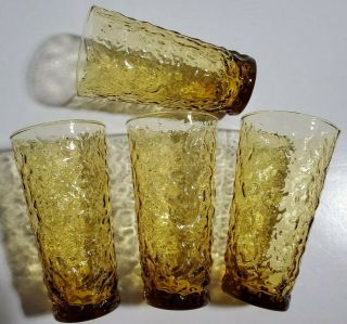 4 Anchor Hocking Lido Honey Gold Amber Tall Glasses Milano Crinkle Tea 20 Oz