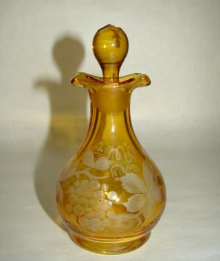 Bohemian Stained Amber To Clear Glass Oil Vinegar Bottle Cruet Grape Engraving