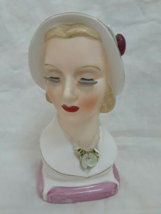 Rare Vintage Art Deco Style Head Vase Of Cute Lady With A Cherry On The Hat
