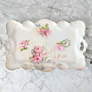 Antique Rs Prussia Rose Porcelain Cut - Out Handles Rectangular Dresser Tray Dish