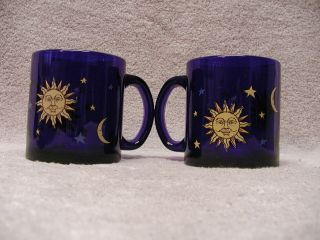 2 Vintage Libby Cobalt Blue Celestial Sun Moon Stars 12 Oz Glass Mug Cup