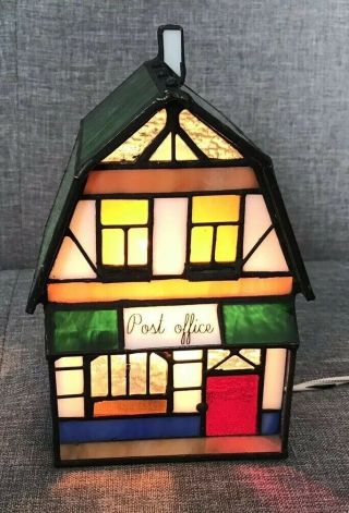 Post Office Lamp/lighted House Stained Glass Multi - Colored Htf Exc Cond