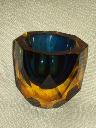 Murano Mandruzzato Glass Geode Bowl Facetted Sommerso Blue/ Amber 1970s