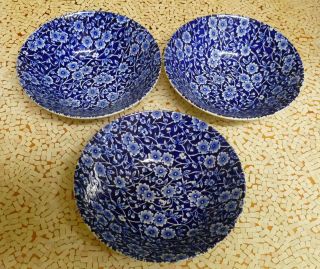 3 Staffordshire China Burleigh Calico Blue Cereal Bowls - 6 1/4 "