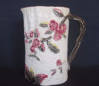 Vintage Majolica Style Apple Blossom Pottery Pitcher Jug Twig Handle 7 Inch