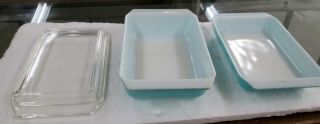 2 Pyrex Turquoise Blue Snowflake Casseroles & 1 Cover 1956 - 57