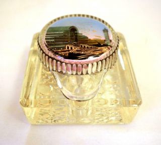 Antique Crystal Palace Great Exhibition Litho Lidded Hobnail Glass Inkwell 1851