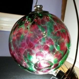 Kitras Art Glass Orb Calico Green Pink Ornament Witch Ball Multi Color 3 "
