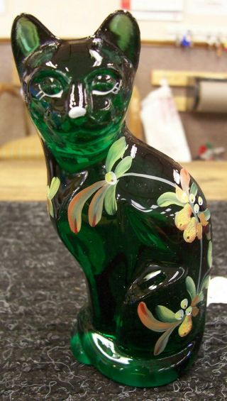 Fenton Hand Painted Green Glass Cat Figurine