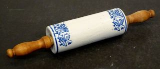 Antique Blue Wildflower Stencil Primitive Stoneware Wood Handle Rolling Pin