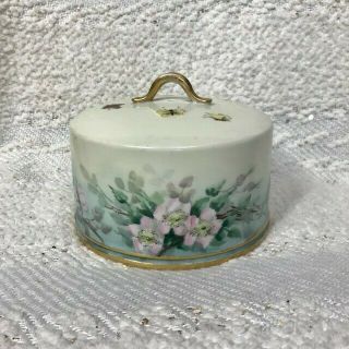 Antique Porcelain Hand Painted Cheese Cake Butter Dome Cover Top Floral Gold 6 "