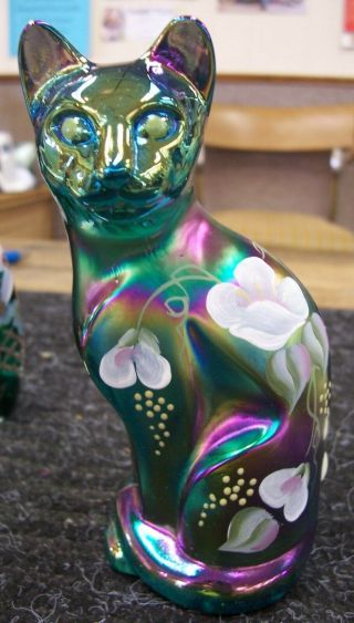 Fenton Hand Painted Green Carnival Glass Cat Figurine