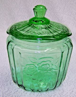 Open Rose Green Glass Biscuit Jar