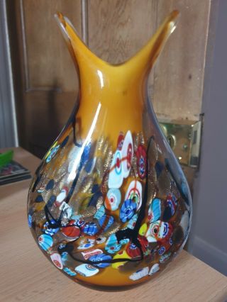 20th Century Murano Millefiori Murrine With Copper Art Glass 2 Wing Studio Vase