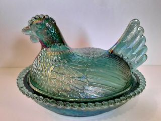 Indiana 7 " Teal Blue Carnival Glass Hen On Nest Candy Dish