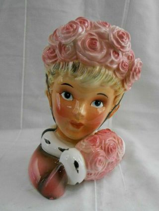 Vintage Lady Head Vase Gorgeous Pink Flowered Hat & Muff Head Vase/planter (e)