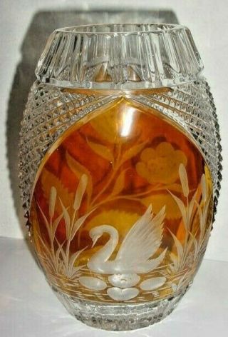 Lead Crystal (24) Clear/amber Etched Vase By " Julia " - Poland