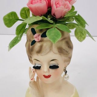 Vintage Lady Head Vase Miniature Roses Hand Pearl Earring Inarco E 480 3.  5 "