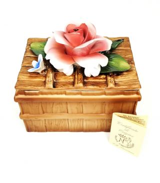 Vintage Nos Nuova Capodimonte Pink Rose Flower Porcelain Trinket Jewelry Box Bt