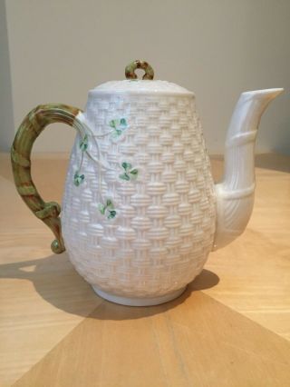 Belleek 7 " Tall Basketweave Shamrock Tea Pot Twig Handle 6th Green Mark