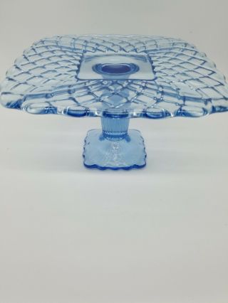 Vtg L.  E.  Smith Glass Co.  8in Ice Blue Trellis Pedestal Cake Plate With Tags &box