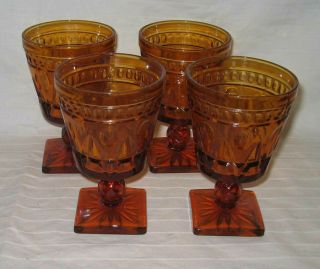 Indiana Amber Glass (4) Amber Colony Park Lane Square Footed 5 3/8 " Water Goblet