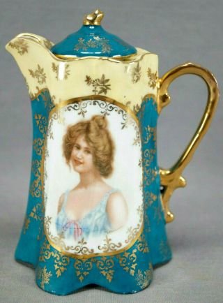Josef Riedl Royal Vienna Style Portrait Green Yellow & Gold Syrup Pitcher